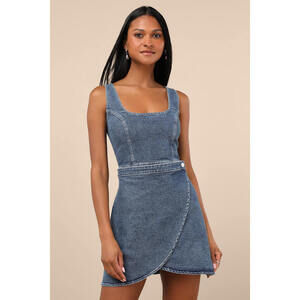 Lulus Merima Medium Wash Denim Wrap Mini Dress Blue - Size S